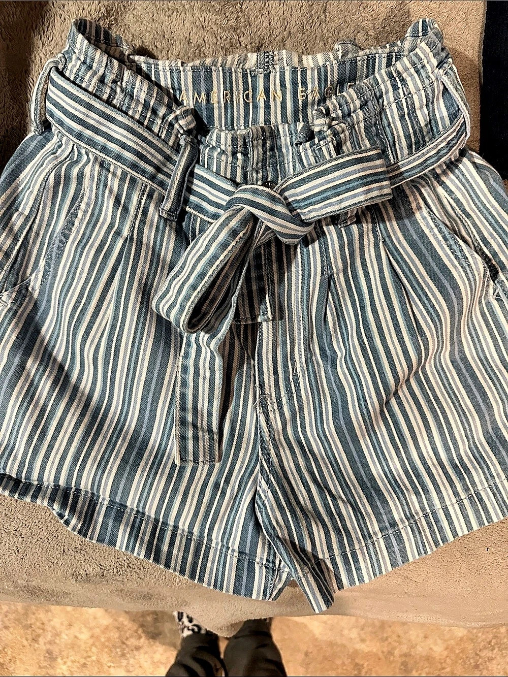 American Eagle Striped Paperbag Waist Mom Shorts Blue & White